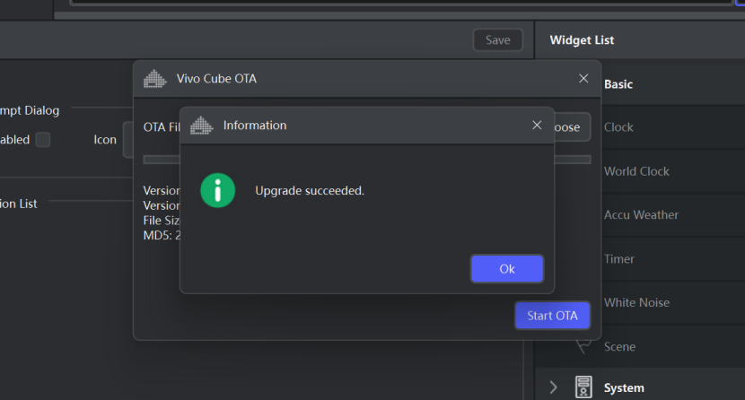 OTA upgrade success confirmation screen