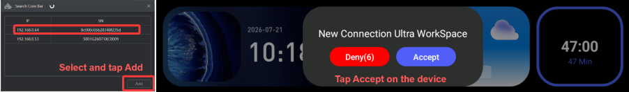 UltraWorkspace device search showing CoreBar detected on network