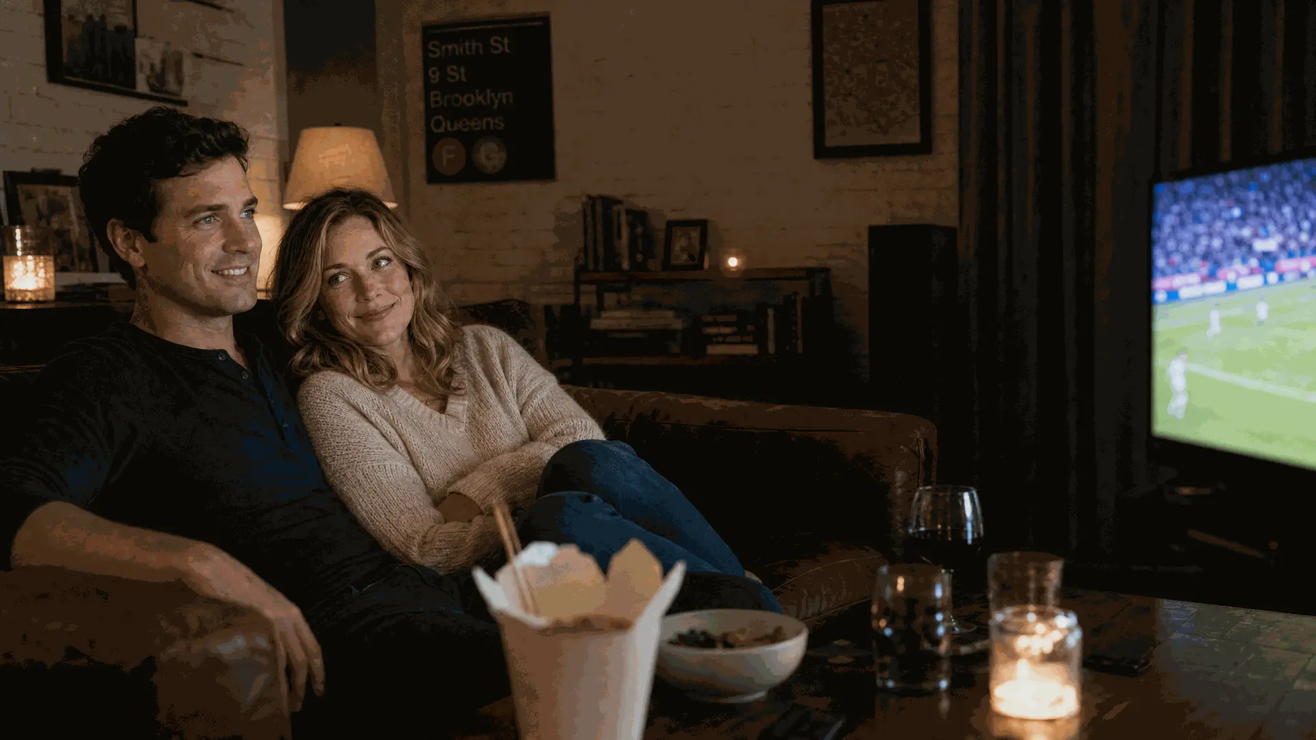 Family watching the World Cup with home theater lighting and audio