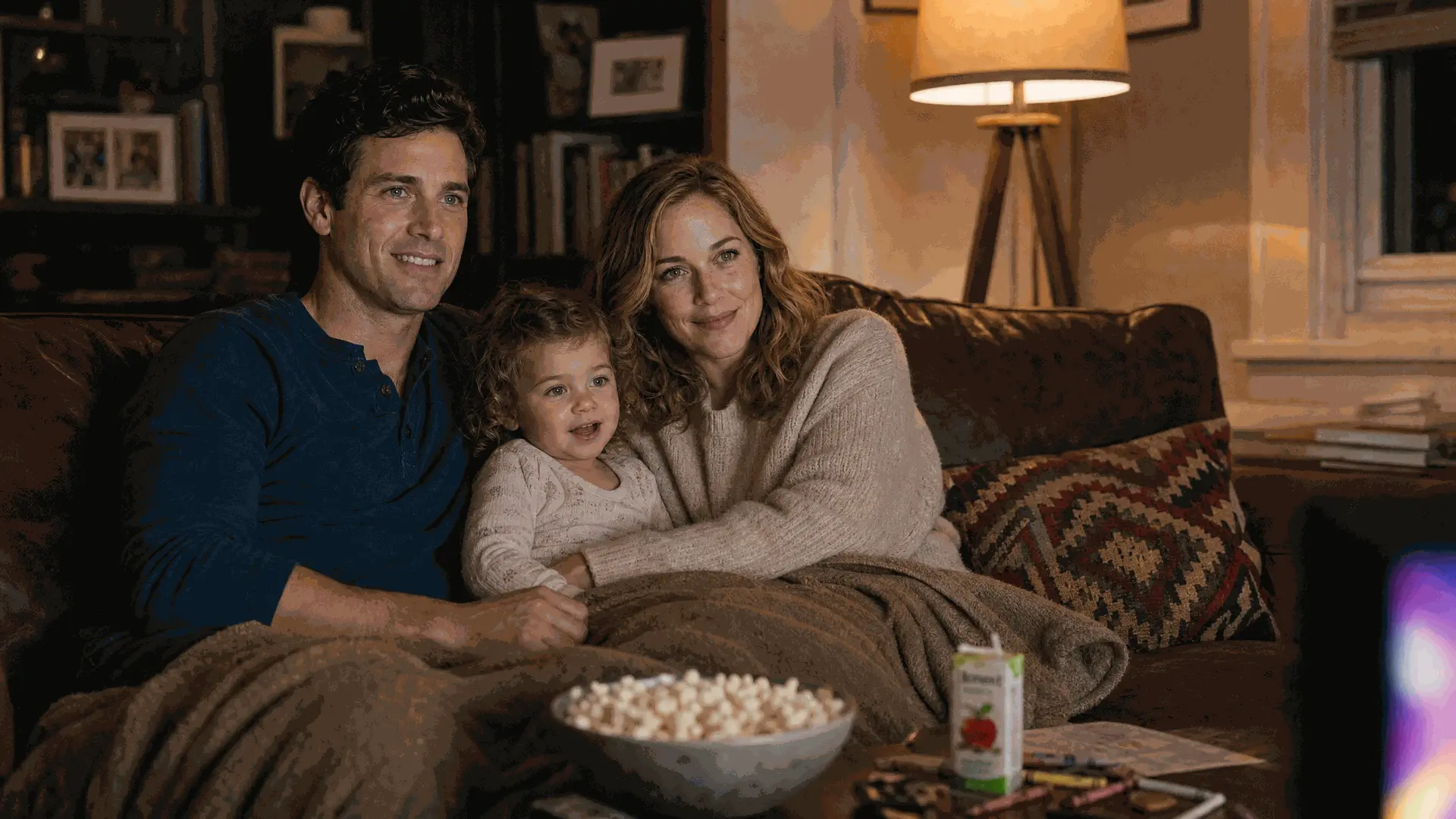 Parents watching an animated movie with their daughter at home