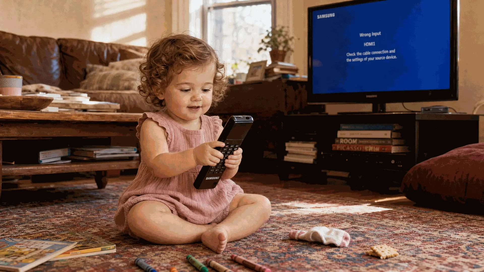 Young girl playing with a television remote in the family living room
