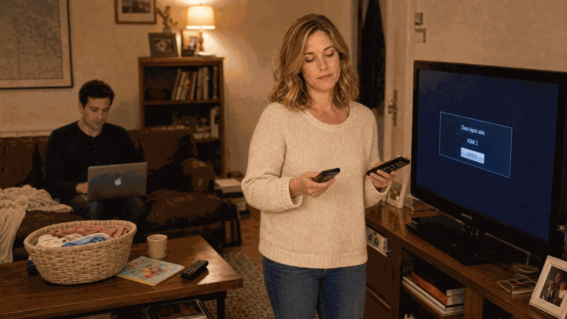 Family struggling with multiple TV and AV remotes